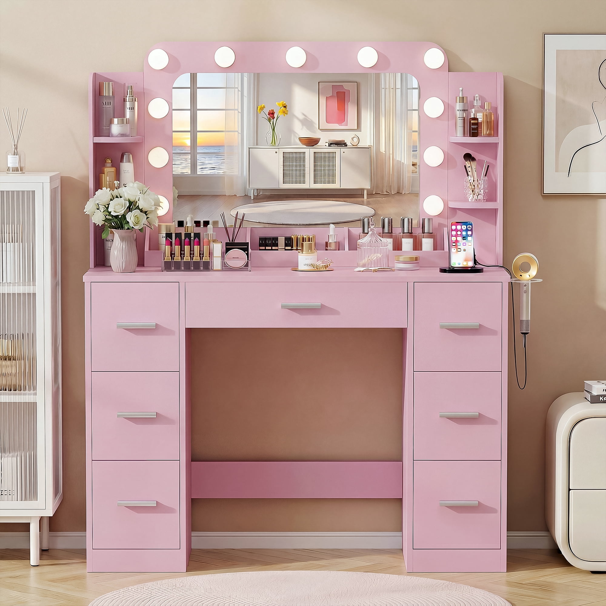 Homall Vanity Desk with Lights & Mirror, Makeup Vanity Set with Power Outlet & Storage Drawers Shelves for Bedroom, Pink