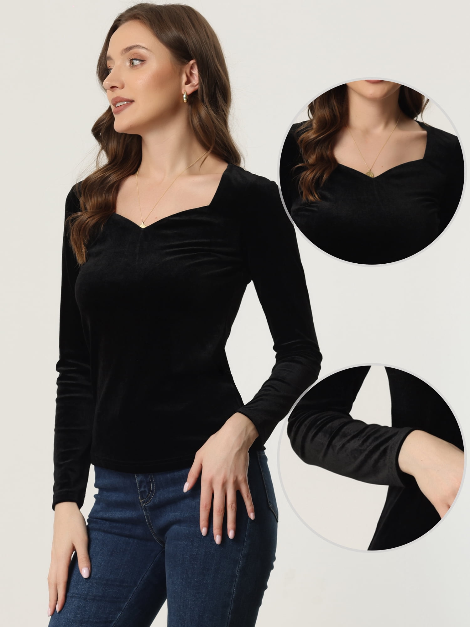 DARING DIVA Women's Velvet Sweetheart Neck Long Sleeves T-Shirt XL Black