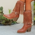 thumbnail image 2 of Rokment Womens Fringe Wide Mid Calf Cowboy Boots Winter Fall Fashion Buckle Leather Chunky High Heel Western Cowgirl Riding Booties, 2 of 8