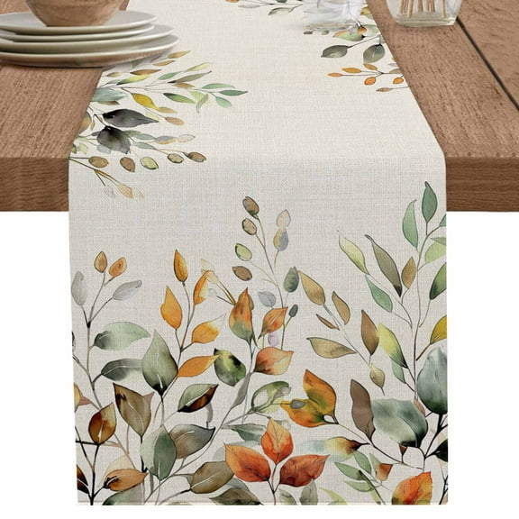 nqOlkjepod Orange Green Eucalyptus Leaves Table Runner 108 Inches Long Farmhouse Dress Scarves, Fall Botanical Rustic Dining Tablerunner for Coffee Table/Kitchen Island/Party Décor, 13" x 108"
