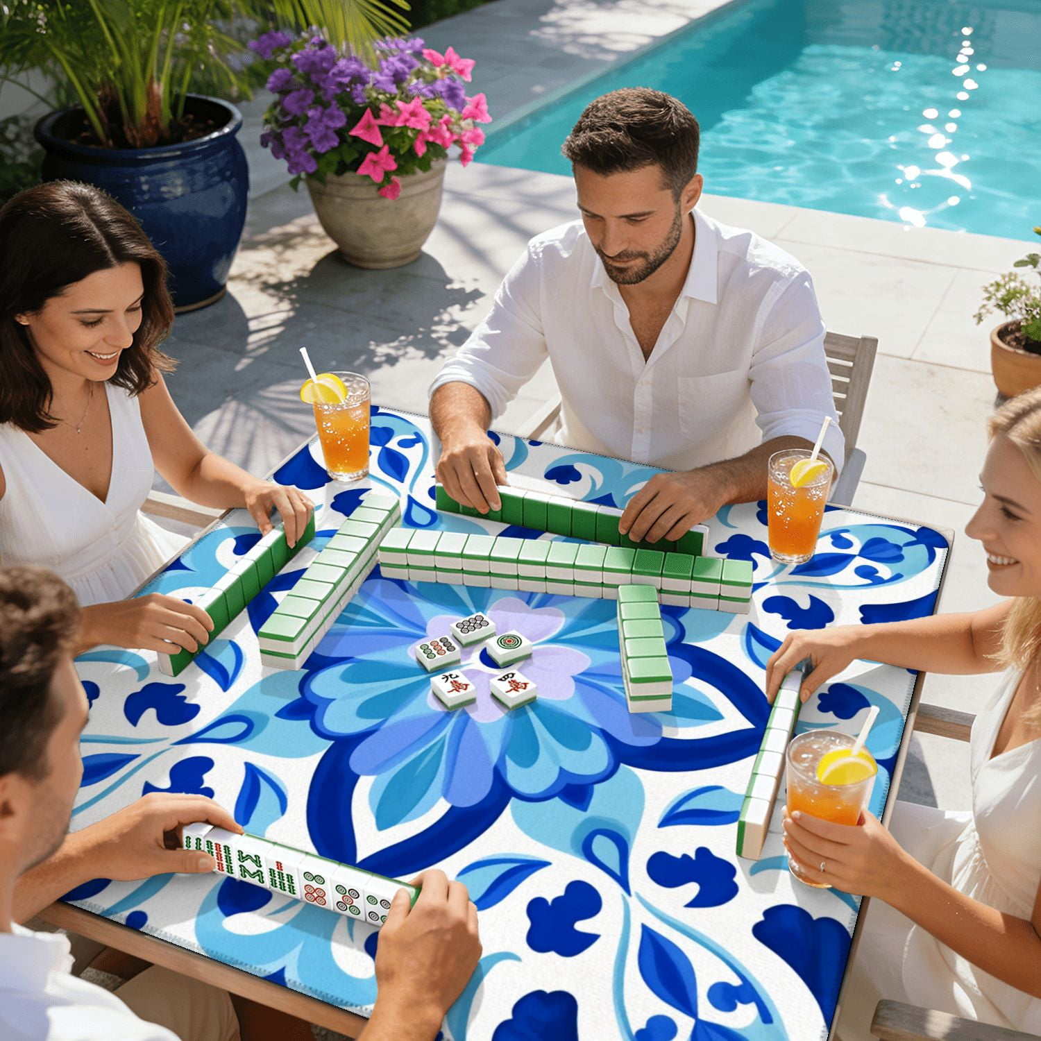 Mahjong Mat 31.5" x 31.5" Blue Floral Tile Symmetrical Design Decorative Motifs Non-Slip Noise Reduction American Mahjong Tiles Table Cover for Dominoes Poker Card Board Games Gift