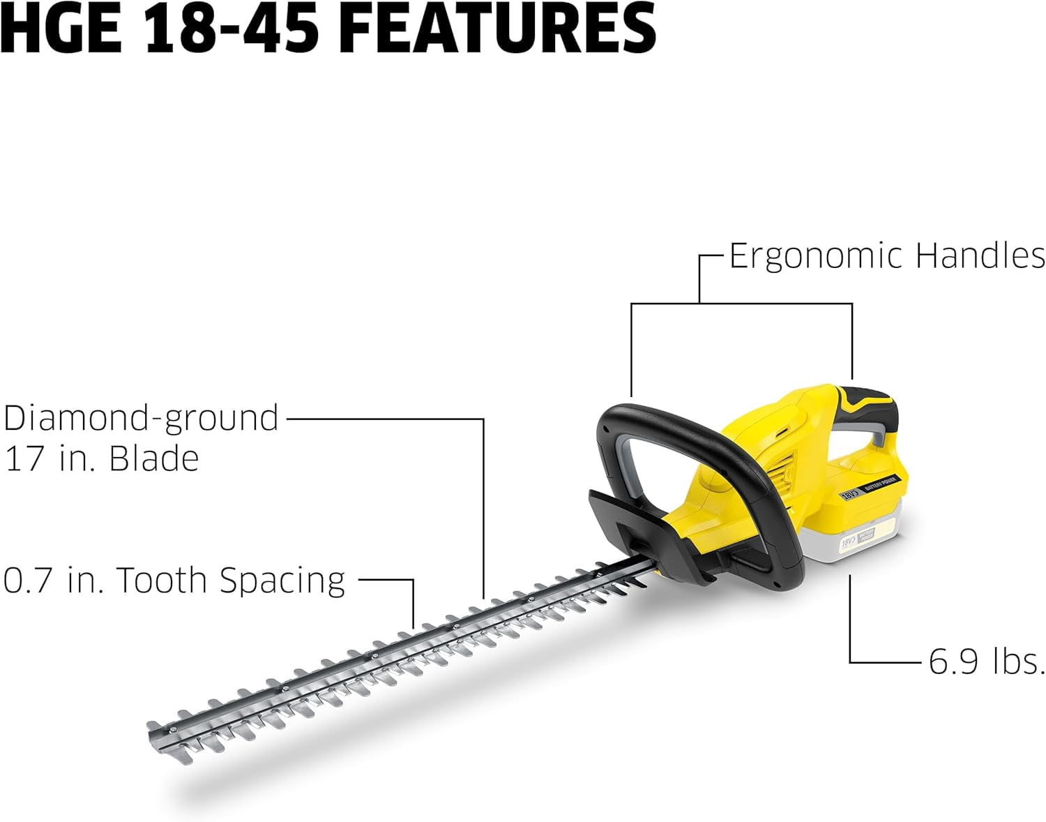 HGE 18-45 Cordless Hedge Trimmer with Rotating Handle and Diamond-Ground Blade - 17" Cutting Length - Tool Only