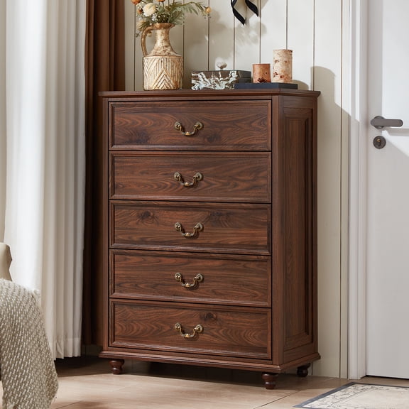 Joaxswe 5 Drawers Dresser, Wood Rustic Chest of Drawers for Bedroom, Tall Dressers Organizer with Metal Handles for Living Room, Entryway, Brown
