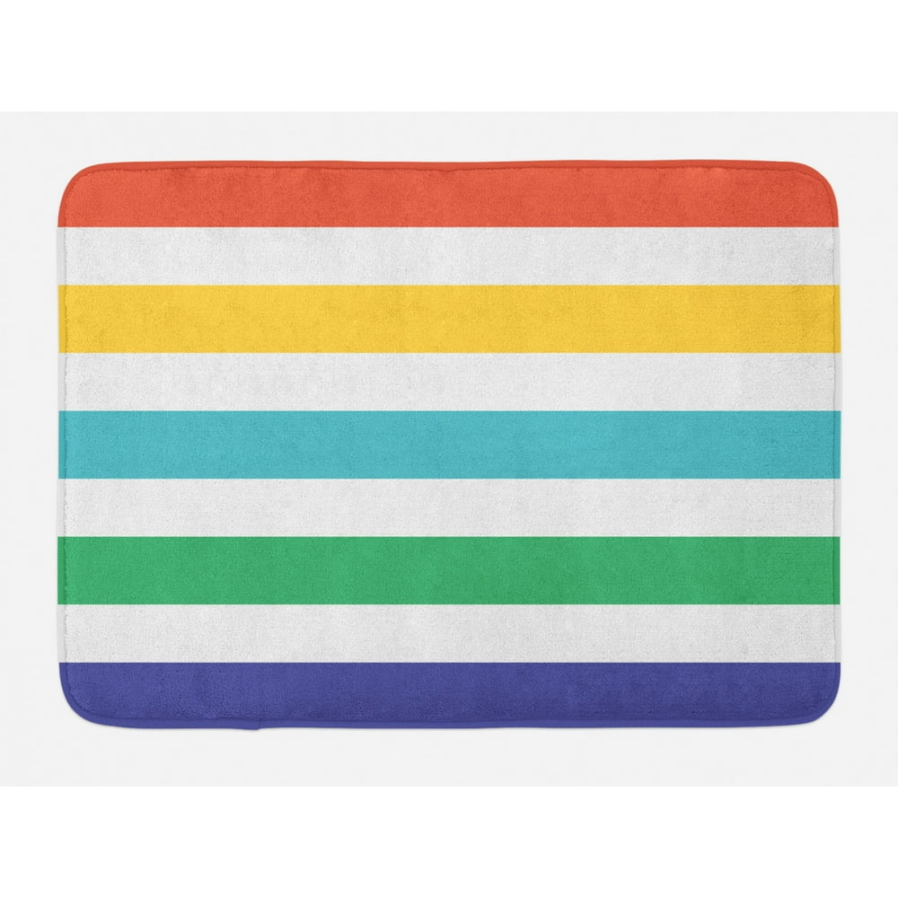 Striped Bath Mat, Rainbow Colored and White Fun Horizontal Lines Kids