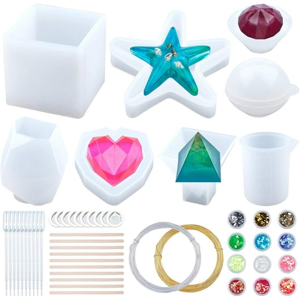 Juego de 52 moldes de resina epoxi de silicona transparente, incluyendo pirámide, diamante, esfera, estrella de mar y resina epoxi.