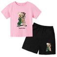thumbnail image 3 of Conjunto de ropa para niños y adolescentes con estampado de oso de marca, camiseta de cuello redondo y traje corto de 2 piezas, informal, de verano, para niñas y bebés, 3 of 5