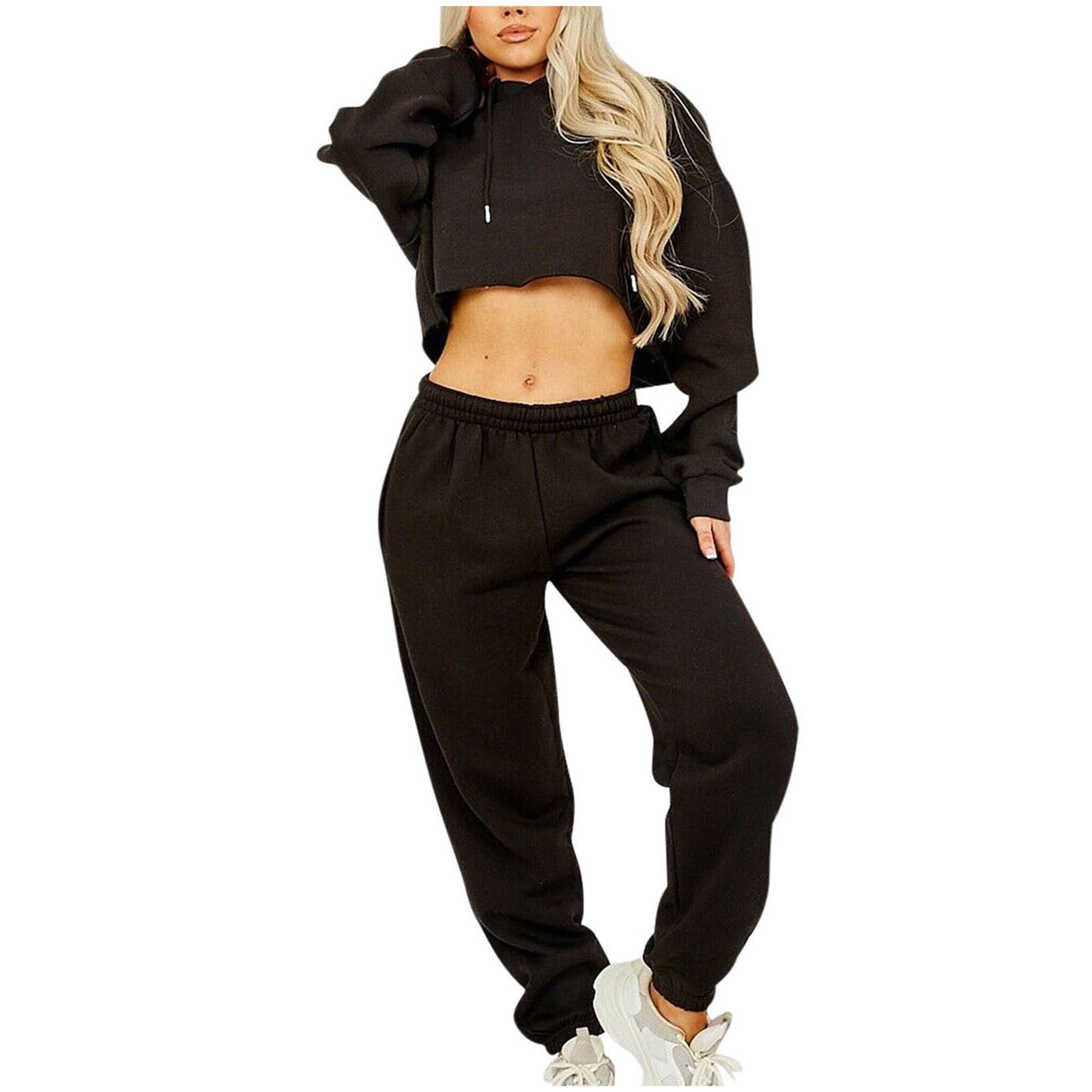 Hoodies Tracksuit for Women 2 Piece Sweatsuits Tracksuits Outfits Sexy Long  Sleeve Crop Hoodie Pants Sets Solid Color Sportwear Sweatsuit - Walmart.com