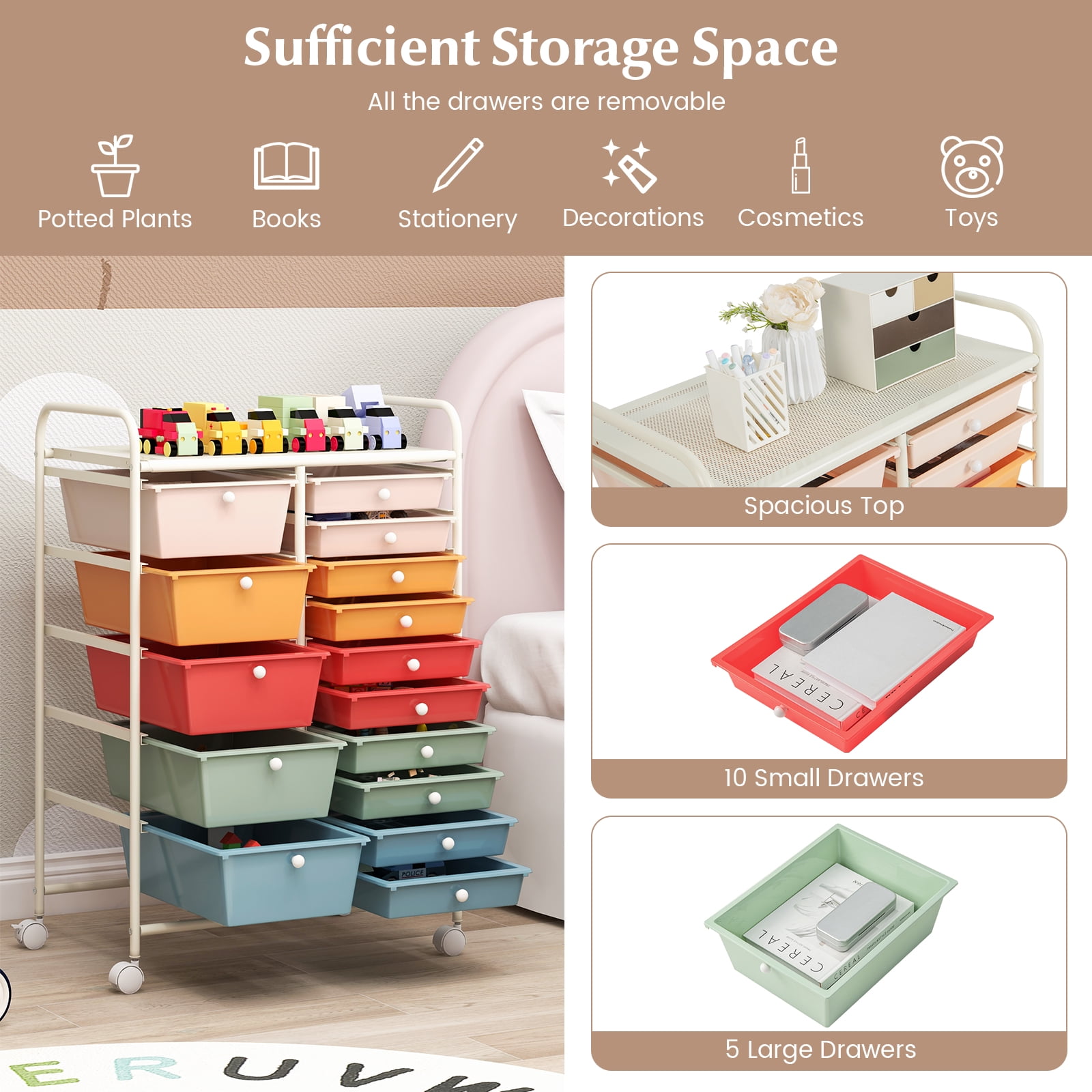 Costway 15 Drawer Art & Craft Rolling Storage Cart Tools Scrapbook Paper Office School Organizer Macaron
