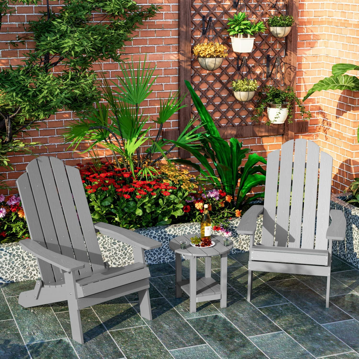 WINSOON Folding Adirondack Chair and Table Set 3 PCS Garden Outdoor Patio , Grey Finish