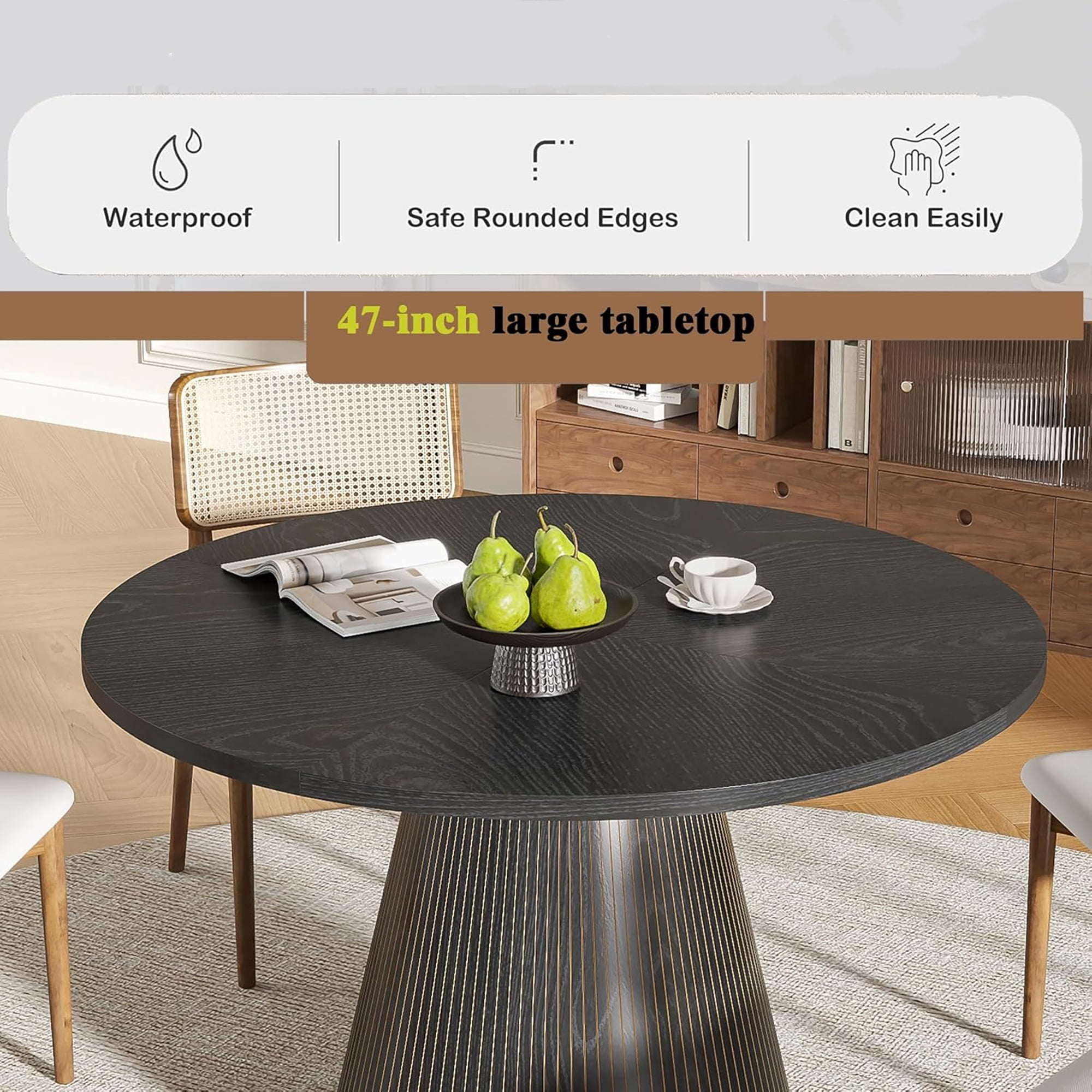 Oubayajia Round Dining Table for 4, 47 Inches Wood Small Dining Table for Kitchen Living Room, Black