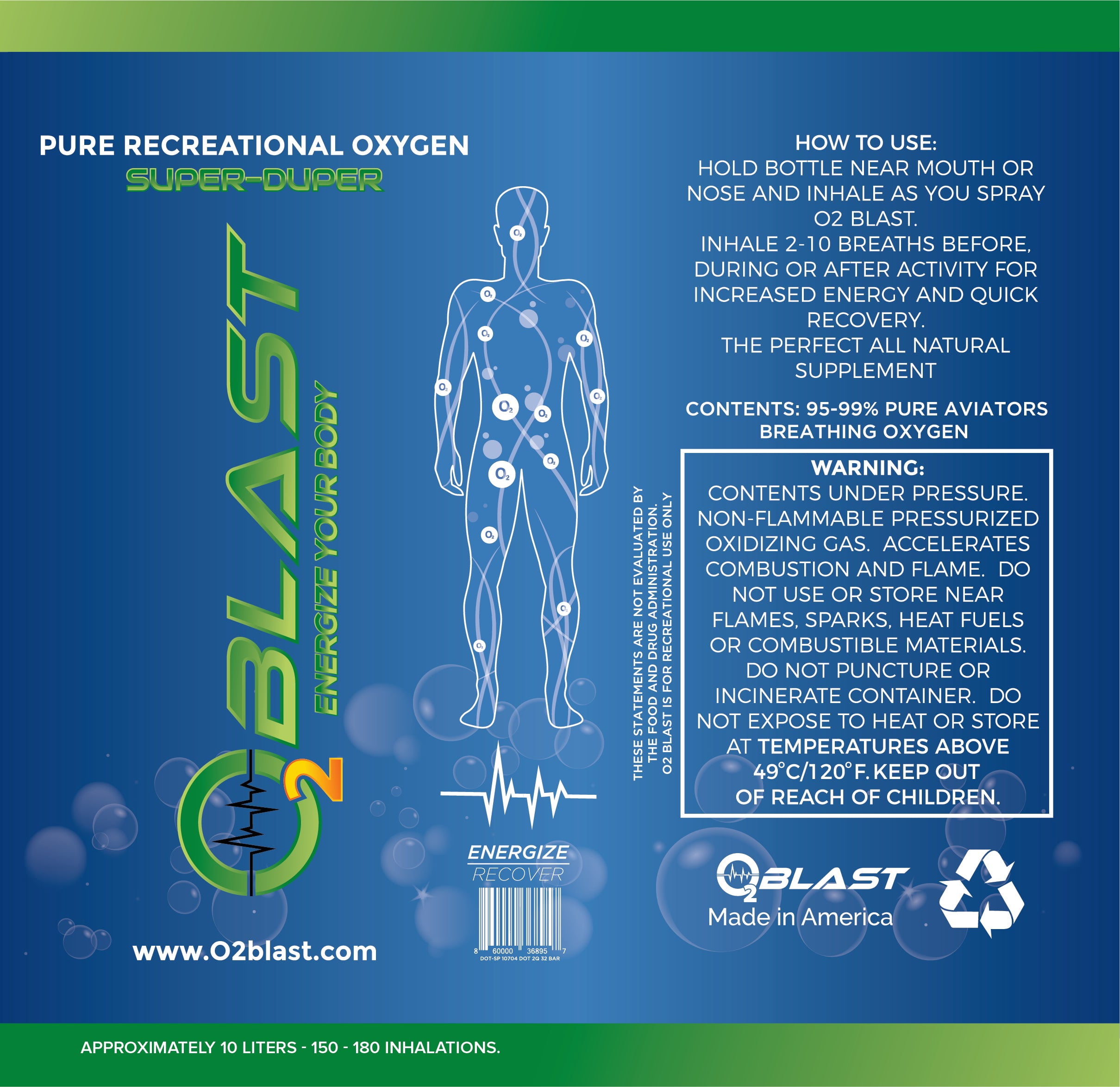 O2 Blast“ Pure Oxygen for Energy, Recovery & Performance - 10-Liter Can with Custom Breathing Mask, Pack of 12