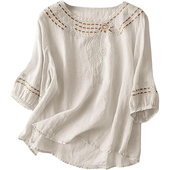 Embroidered Lace Cotton Linen Tops for Women Crewneck 3/4 Sleeve Summer Fashion Boho Peasant Gauze Blouses Dressy Casual Bohemian Shirts