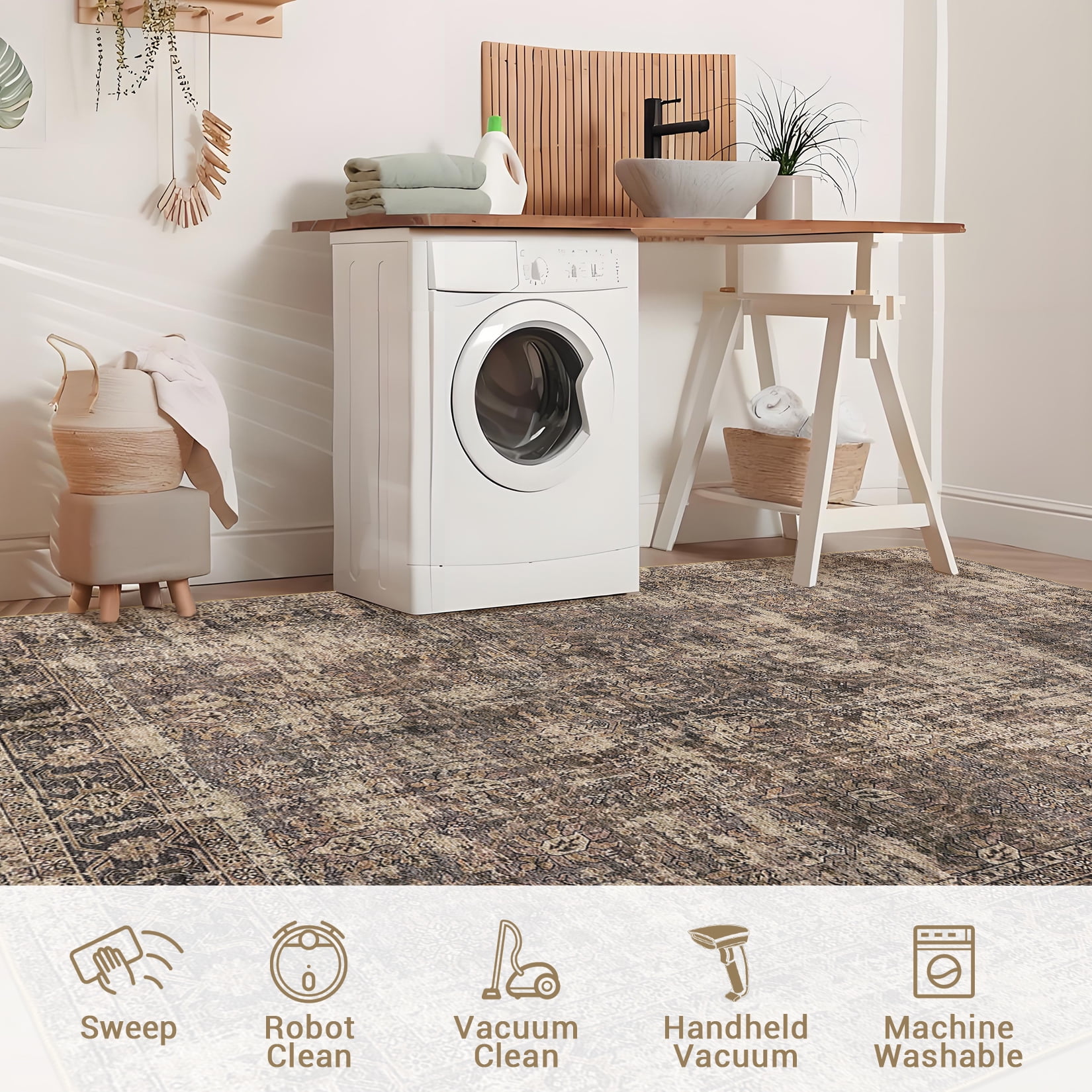 FairOnly Red Brown Oriental Distressed 2'x6' Runner Rugs Vintge Non Slip Low Pile Carpet for Hallway Bathroom Kitchen Bedroom