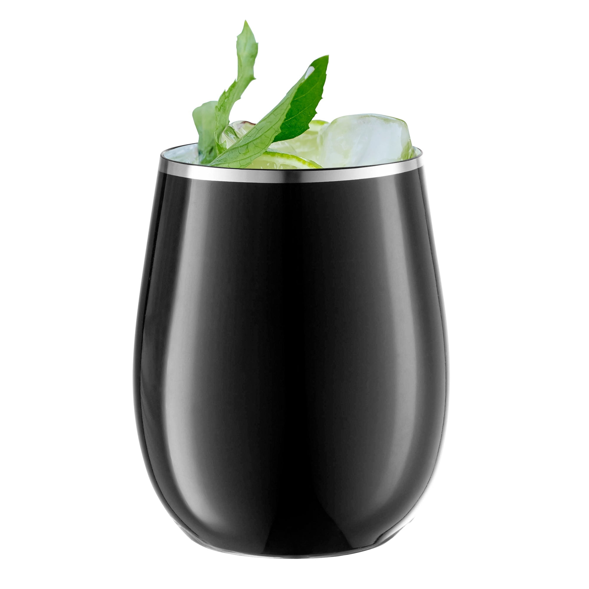 Smarty 12 oz. Black with Silver Elegant Stemless Plastic Wine Glasses 64ct