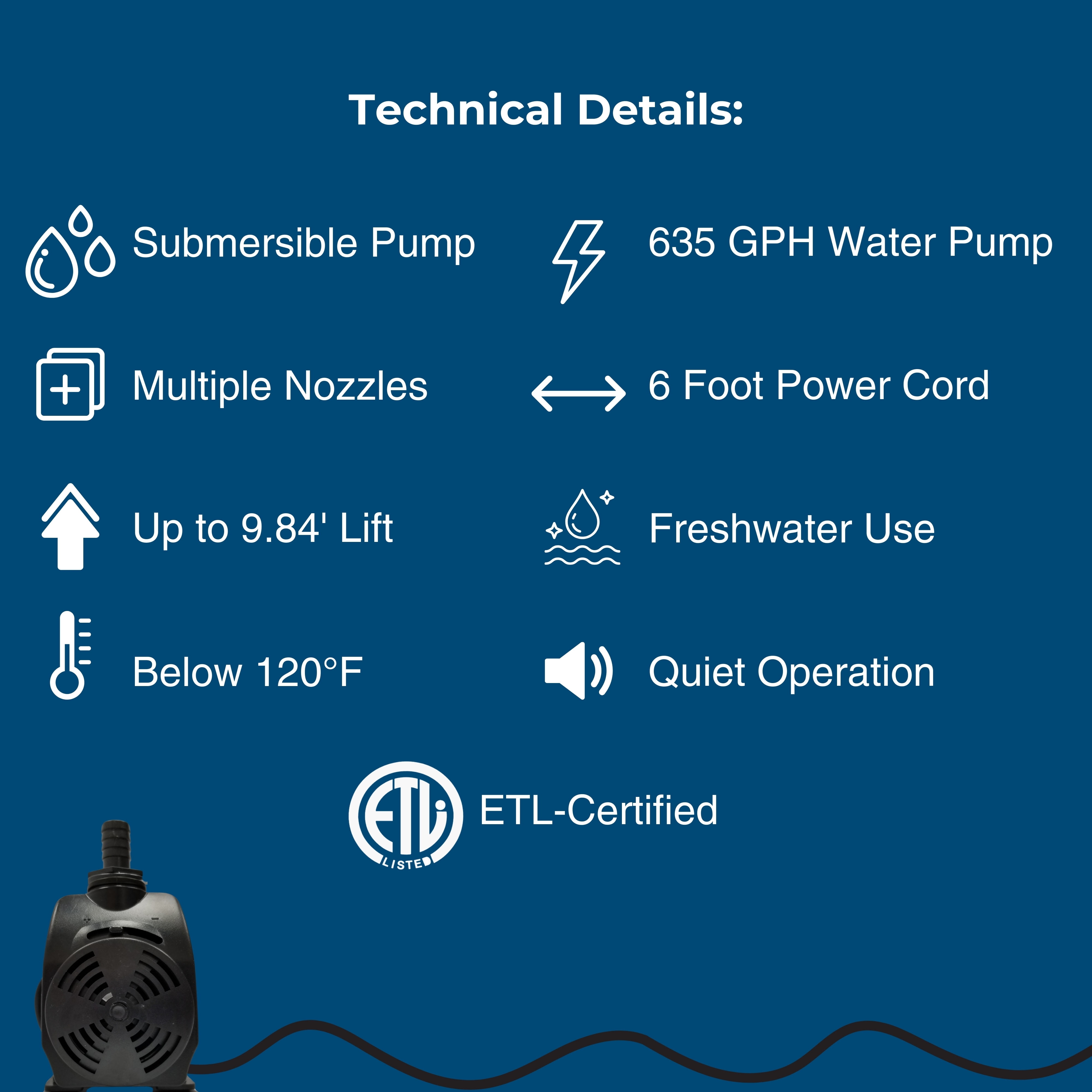 Teamson Home 635 GPH 50W Adjustable Submersible Water Pump with a 6 ft. Power Cord and 3 Different Nozzles for Fish Tank, Pond, Aquarium, Fountains, and Hydroponic Systems, Black