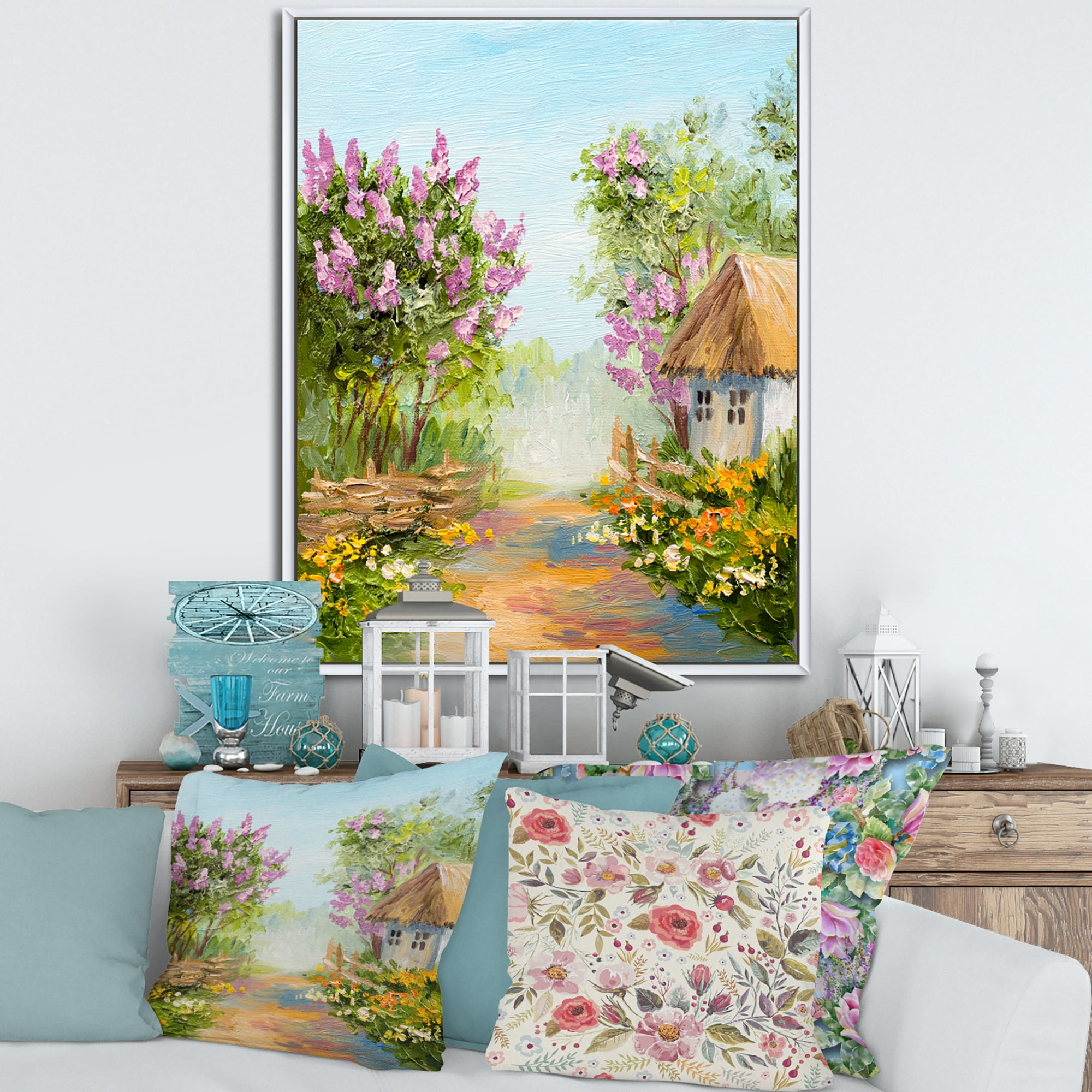 Designart 'Little House In The Blossoming Flowers Forest' Lake House Framed Canvas Wall Art Print