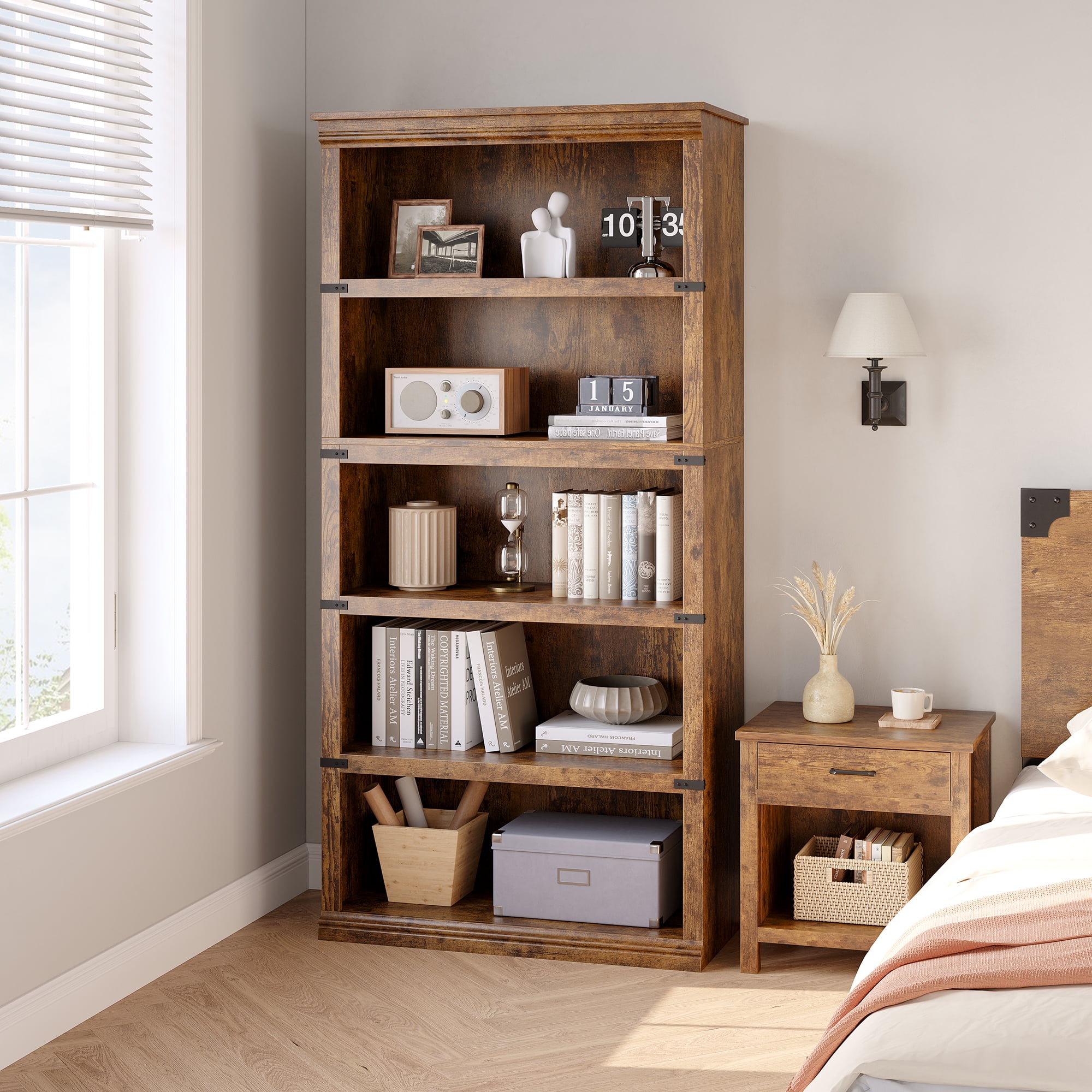 M optimized 5 Tier Bookcase, Farmhouse Book shelf with Storage Open Bookshelves, 31.4"x12.7"x67.4" Wooden 5 Shelf Bookcase Home Decor Furniture for Home Office Living Room Bedroom