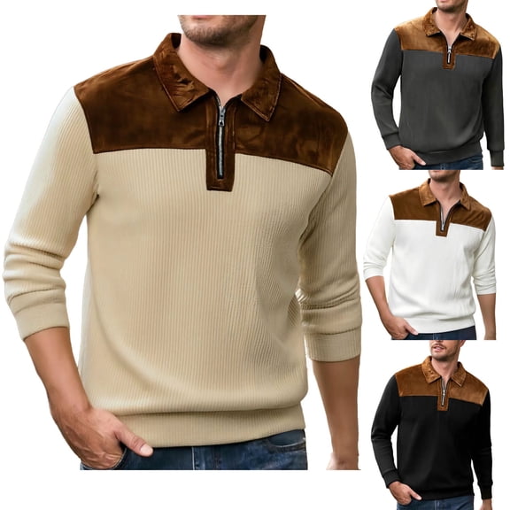RongHuan Mens Quarter Zip Sweatshirts Casual Long Sleeve Lapel Shirt Color Block Pullover Tops Fashion Workout T-Shirt