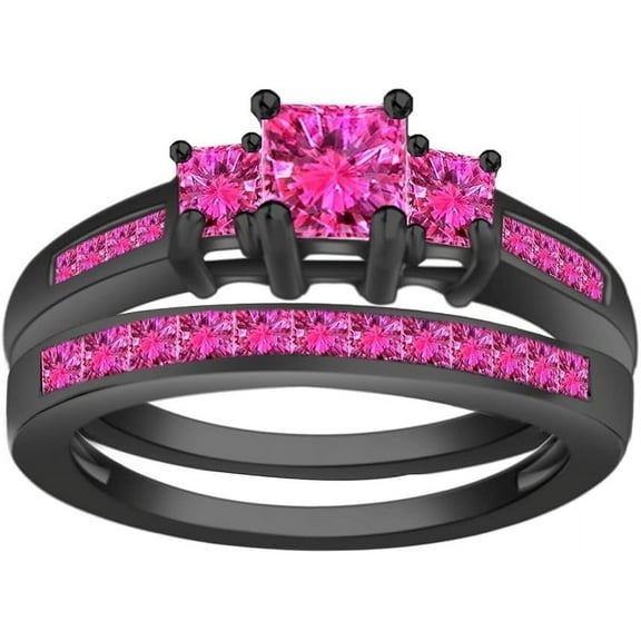 Rag Jewels 925 Sterling Silver 2.20 Ct Princess Cut Pink Sapphire Wedding Engagement Thanksgiving Christmas Bridal Ring Set 14K Black Gold Plated For Women's -9.5