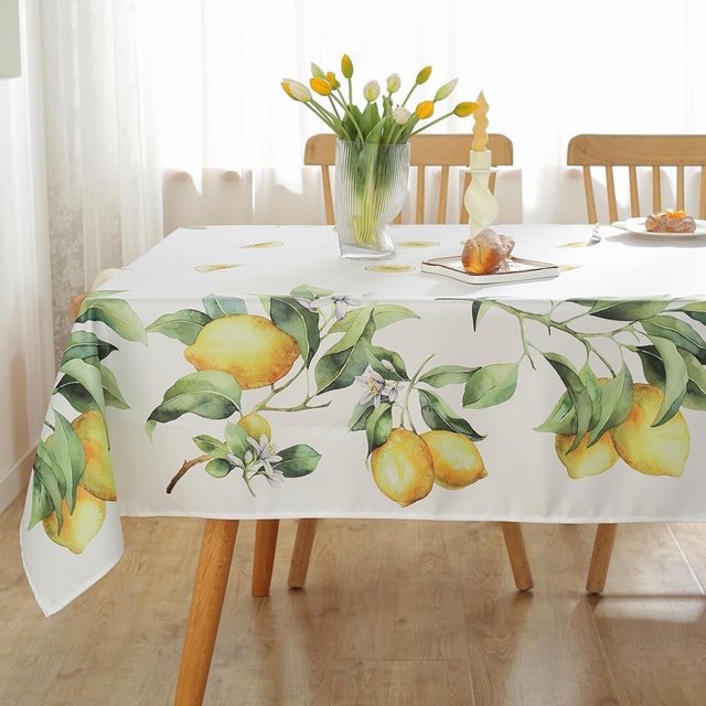 Lemon Tablecloth for Rectangle Table 60"X84",Summer Floral Table Cloths,Spillproof Table Cover,Table Linen,Yellow and White Decoration for Kitchen,Party,