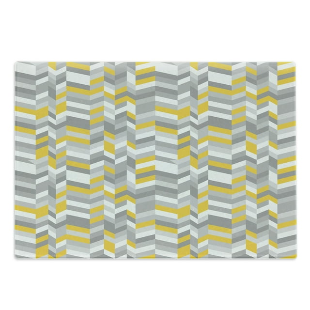 Grey and Yellow Cutting Board, Geometric Vintage 60s Home Pattern Inspired Herringbone Zig Zag Lines, Decorative Tempered Glass Cutting and Serving Board, Large Size, Grey Yellow, by Ambesonne