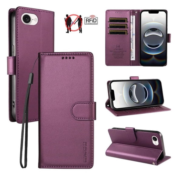 For Apple iPhone 17e / 16e 6.1inch Phone Case Wallet, RFID Blocking Magnetic Buckle Flip Leather TPU Cover with Card Holder Wrist Strap Shockproof Phone Case,Purple
