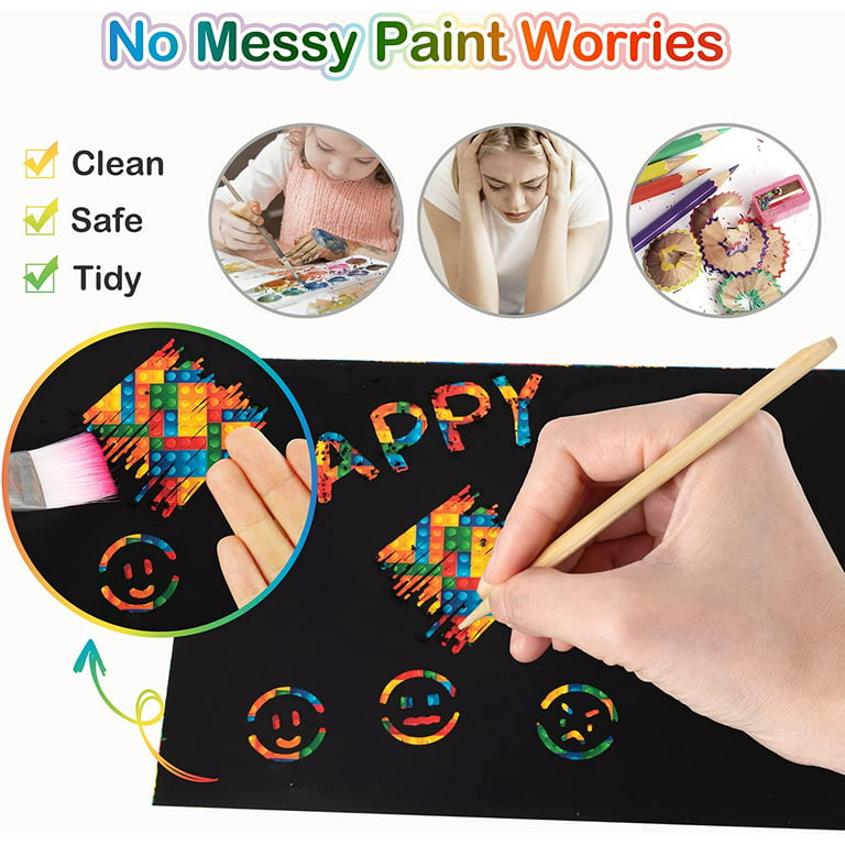 Mocoosy 60 Pcs Scratch Art Paper for Kids, Rainbow Magic Scratch Off Paper Sheets Set, Black Scratch Pads Arts and Crafts Kits for Party Games