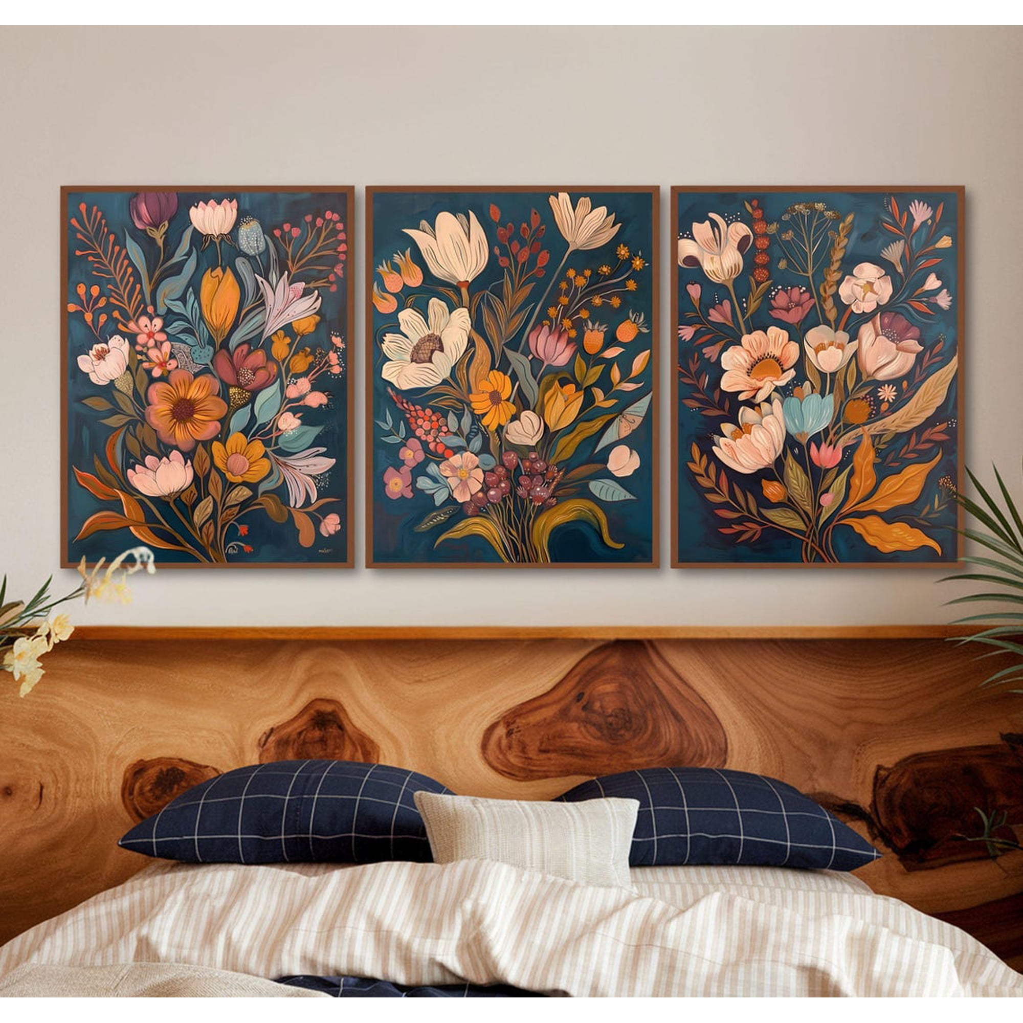 Wildflower Bouquet Prints Set Of 3 Mid Century Boho Botanical Wall Art