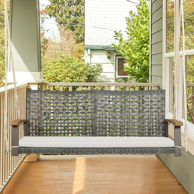 Gymax Rattan Patio Porch Swing 2-Person Cushioned Swing Chair Bench w/ Hanging Ropes Off White