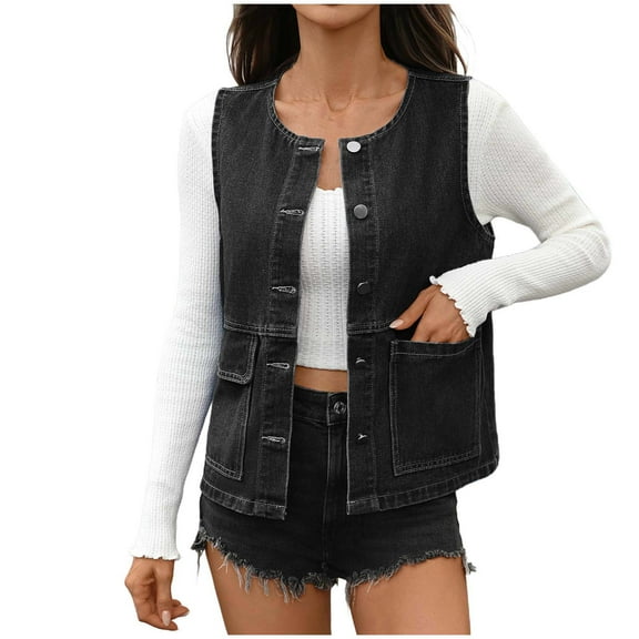Women's Denim Jacket 2025 Fashion Sleeveless Vest Button Down Jean Jackets Casual Loose Cotton Waistcoat Gilet with Pockets Trendy and Versatile Clothing