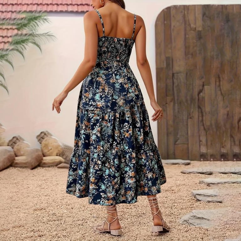 dark blue strappy dress FAWUUDO Women's Spaghetti Strap Layered Floral Print Smocked Bodice Tiered Maxi Dresses Casual Beach Summer Long Dress Black tie wedding guest Celebrity Dresses Size:Plus Couture Size Hand wash