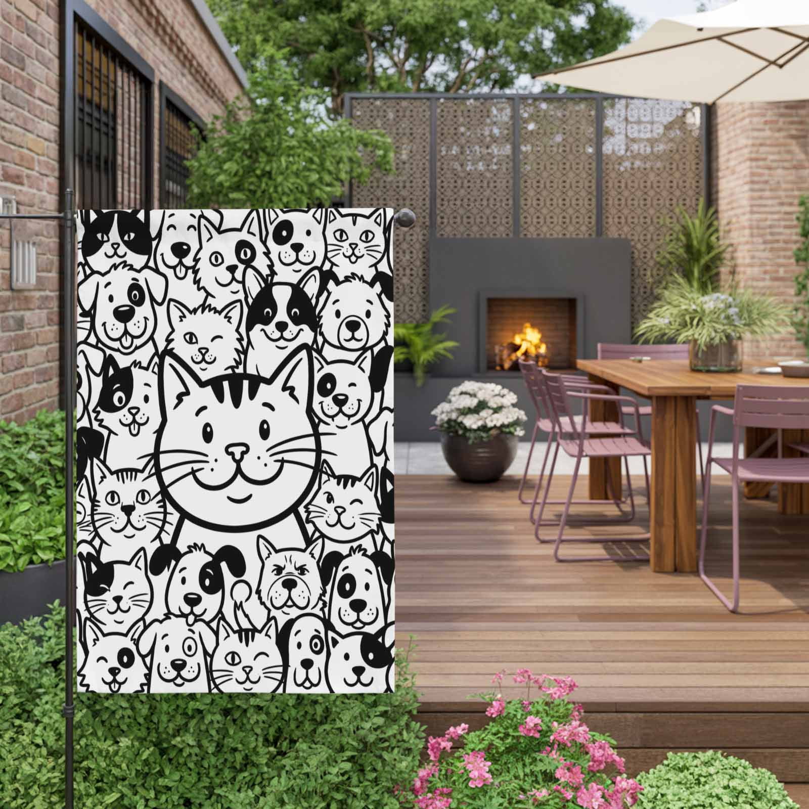 Cartoon Cat House Flag 28 x 40 Inches, Cute Dog Black White Line Animal Abstract Weather Proof Outdoor Patio Flags Double Sided Small House Decoration for Yard Lawn Outside Home