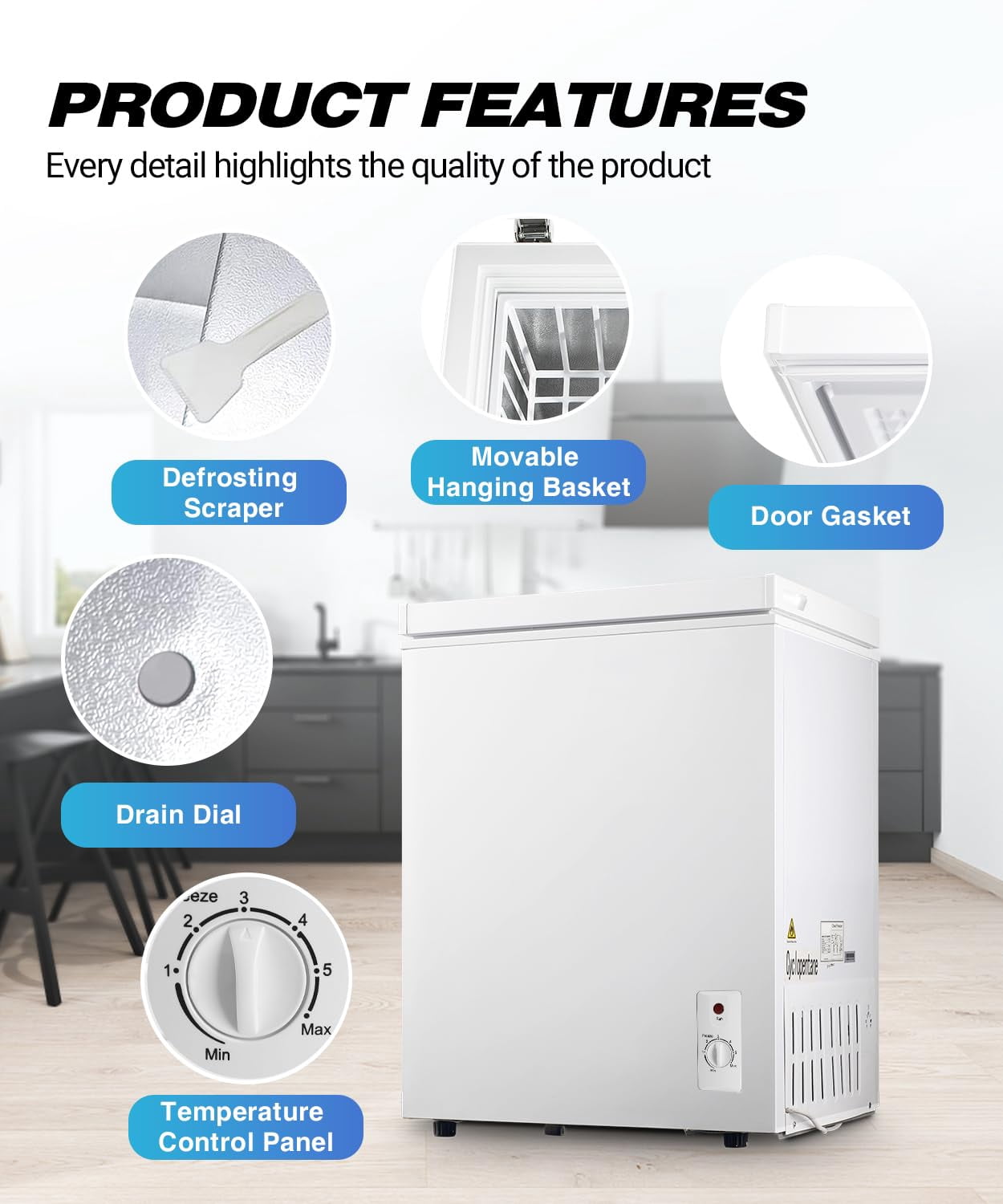5.0 Cu.Ft Mini Chest Freezer, 2 Removable Baskets, 6 Level Adjustable Thermostat Front Defrost Drain, Quiet R600a Compressor for Dorm Home, White