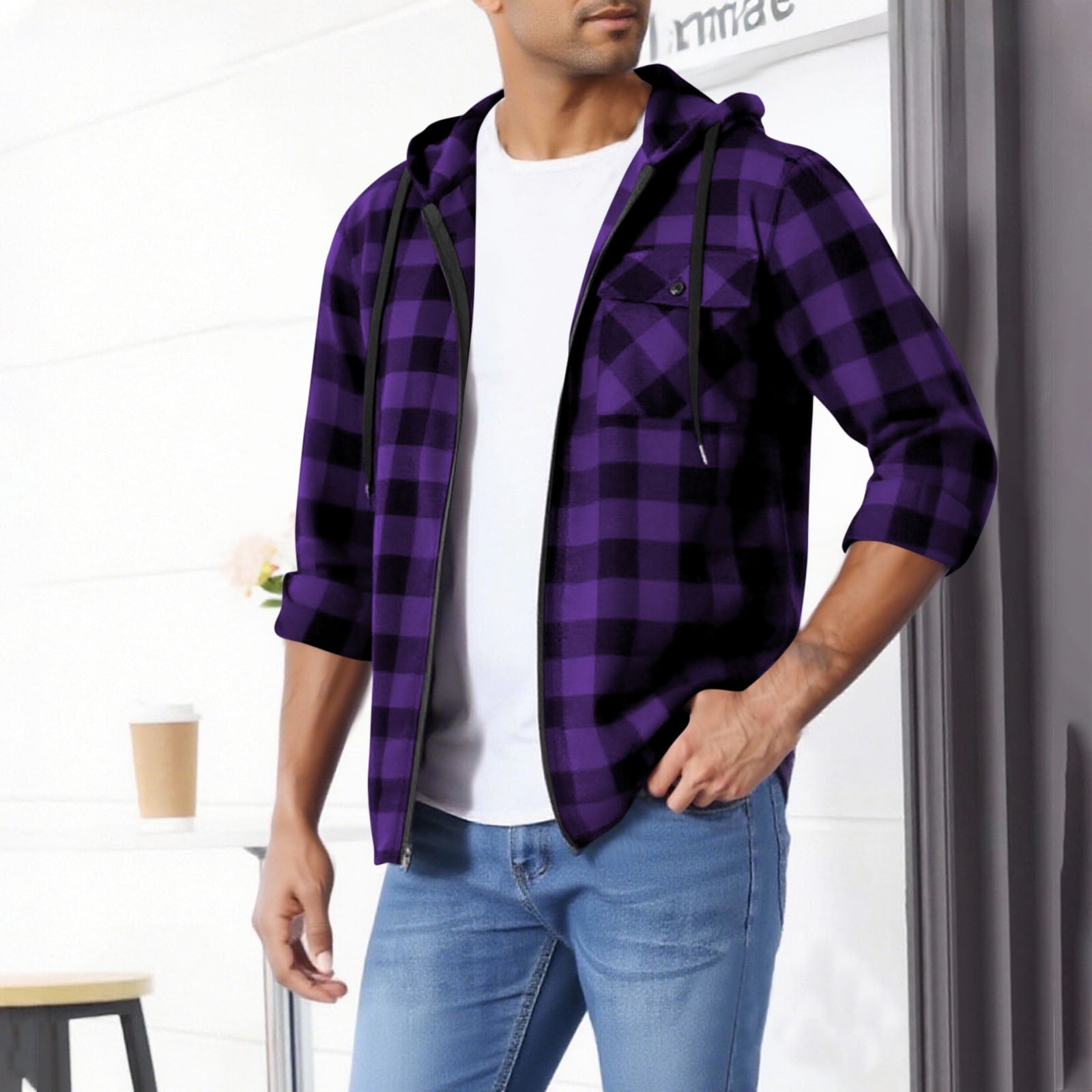 Brnmxoke Mens Holiday Flannel Shirts Drawstring Hooded Full Zip