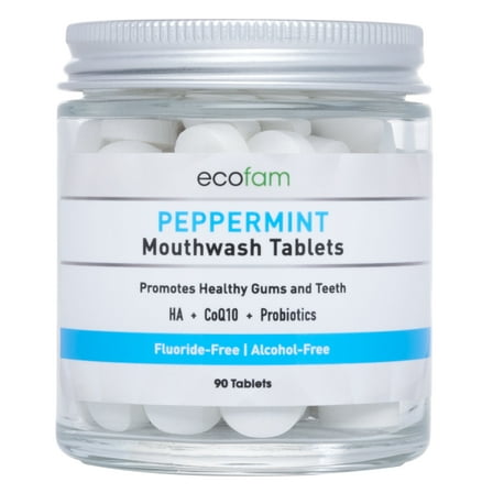 ECOFAM Peppermint Mouthwash Tablets - Chewable Mouthwash Tablet for Fresh Breath Fluoride Free Alcohol Free Travel Size Mouthwash - 90 Tablets