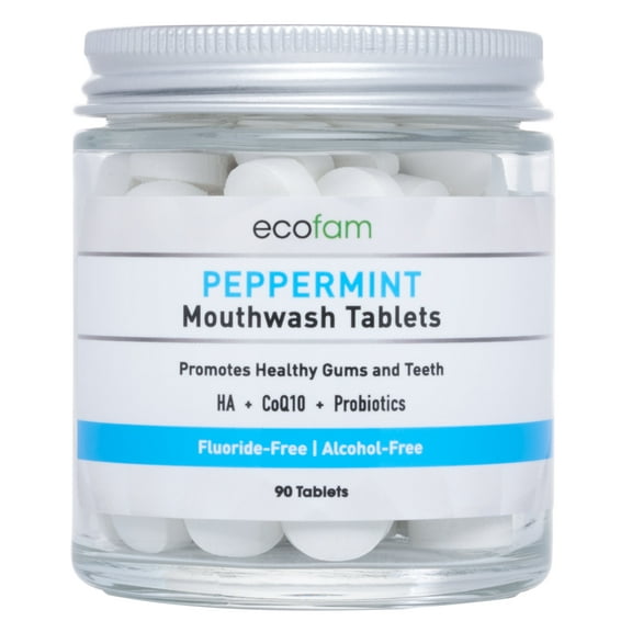 ECOFAM Peppermint Mouthwash Tablets - Chewable Mouthwash Tablet for Fresh Breath Fluoride Free Alcohol Free Travel Size Mouthwash - 90 Tablets