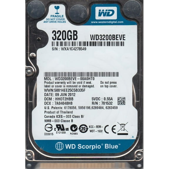 WD3200BEVE-00A0HT0, DCM HHOT2HBB, Western Digital 320GB IDE 2.5 Hard Drive