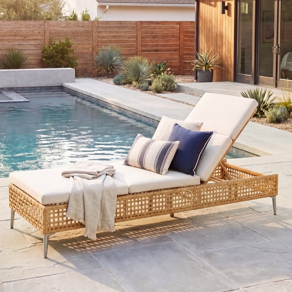 Grand Patio Steel Chaise Lounge,Outdoor Pool 5-Position Adjustable Wicker Recliner with Cushions ,Natural