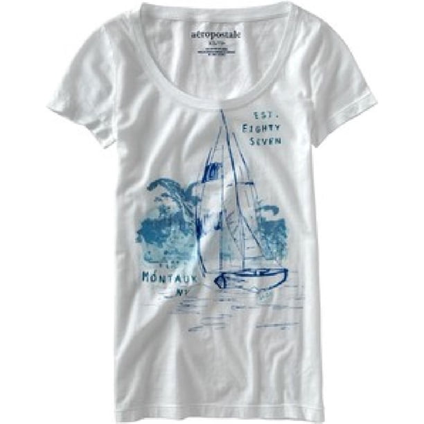 Aeropostale Montauk Ny - Camiseta con cuello ancho para mujer, color blanco, extragrande