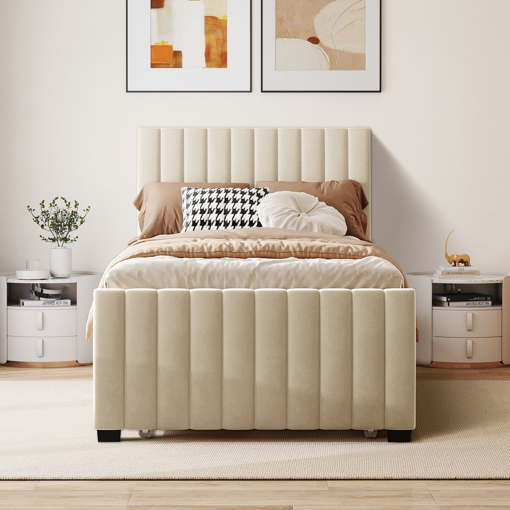 Aukfa Twin Size Upholstered Platform Bed Frame with Twin Size Trundle for Bedroom,Guestroom, Beige