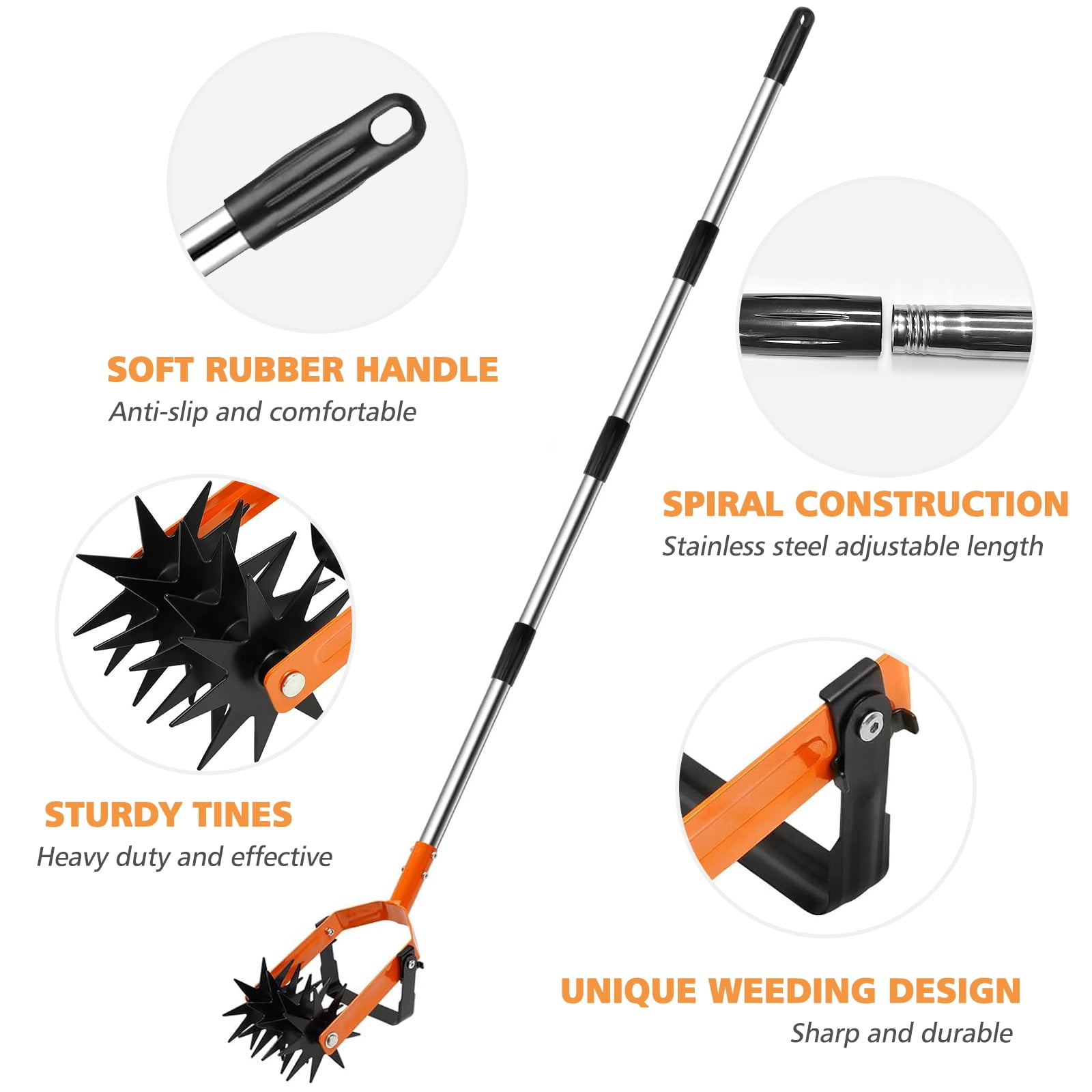 ROMUCHE Rotary Cultivator, Adjustable Long Handle Hand Tiller with Star Tines, 2-in-1 Manual Weeder for Lawn Care & Soil Mixing