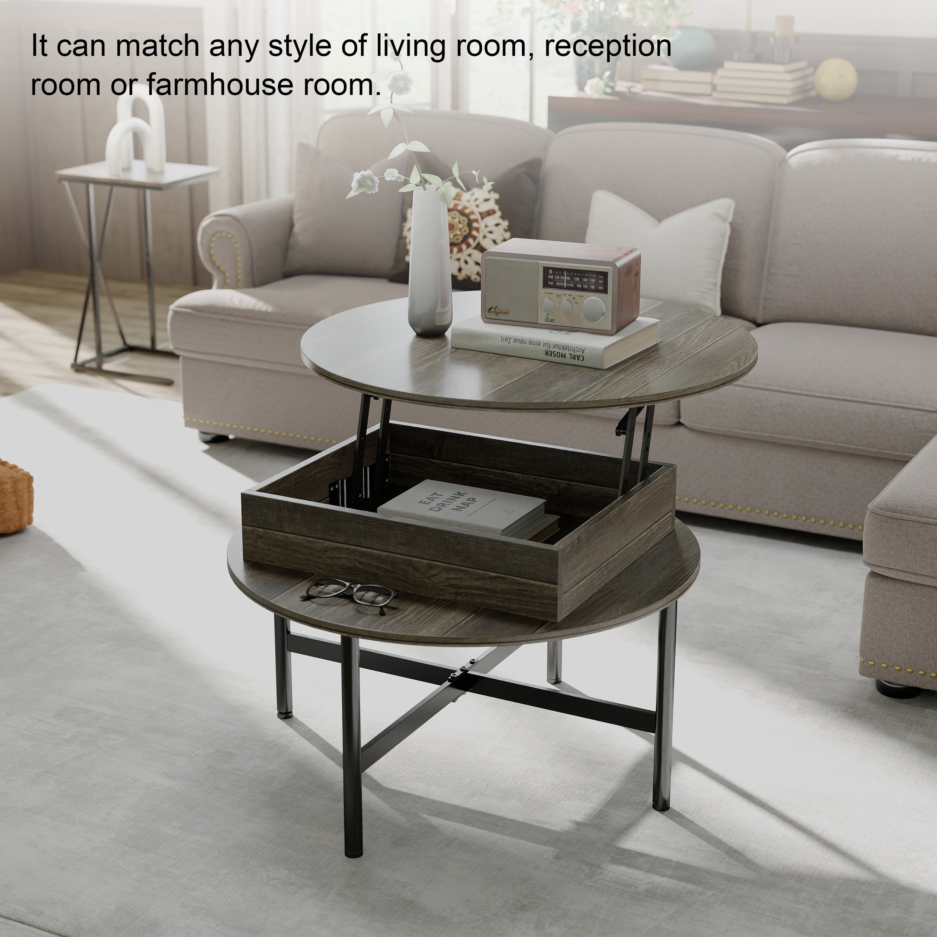 Manxile Round Lift Top Coffee Table, Center Tables with Hidden Storage Compartment for Living Room/Home Office, Charcoal Gray