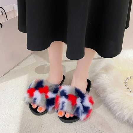 

uikmnh Warm Slippers Toe Color Keep Women Slippers Shoes Flat Slip On Home Furry Warm Open Home Plush Women s Slipper 8