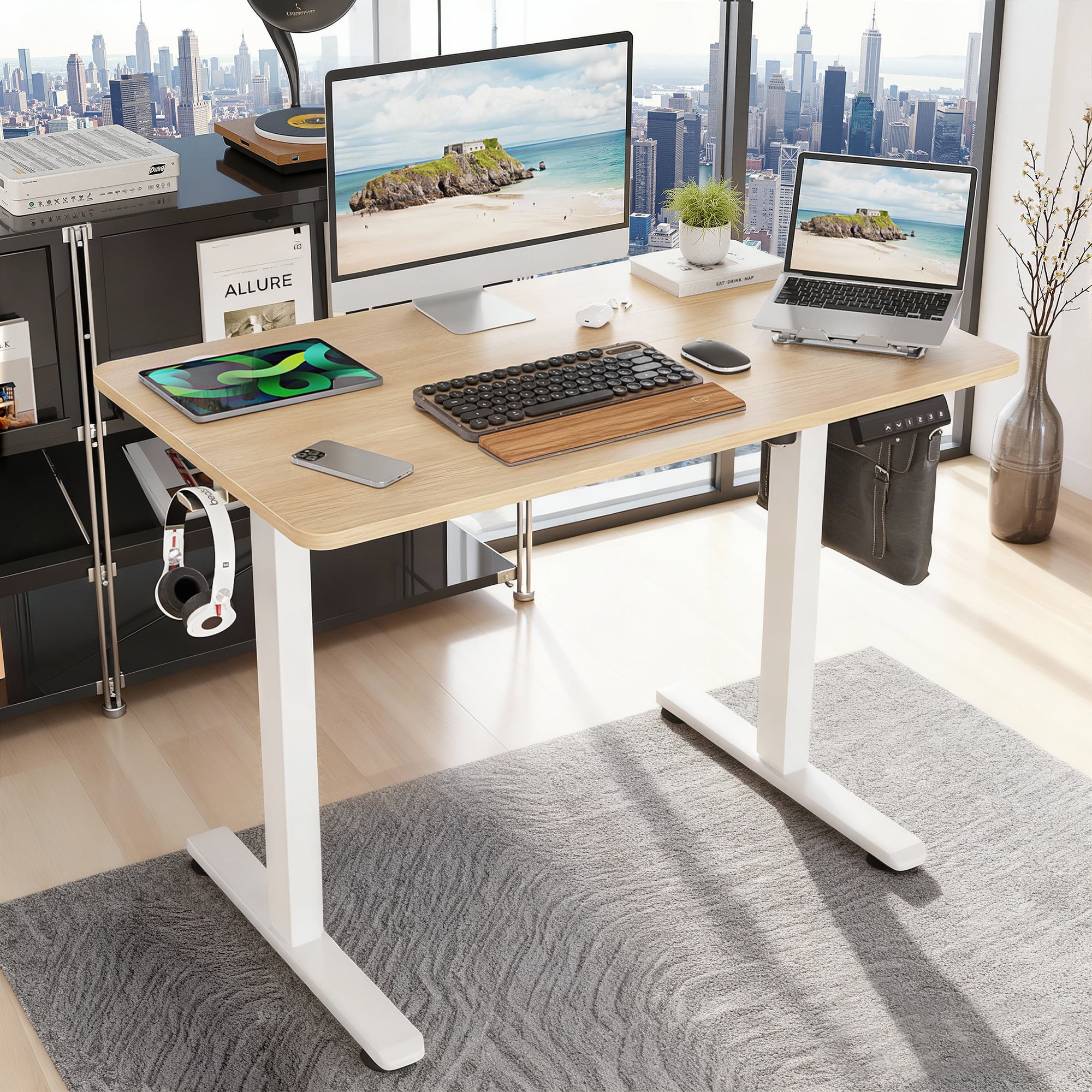 MAYEERTY 40×24" Electric Height-Adjustable Desk, Sit Stand Desk with Side Hooks for Home & Office, Nature