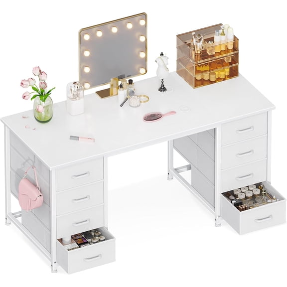 GlowPlume 48 Inch Vanity Desk with 8 Fabric Drawers, Modern Makeup Desk for Bedroom & Dressing Room with Large Storage, Ideal for Home Office, Study, Pure White