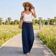 thumbnail image 4 of Vxararl Wide Leg Flowy Palazzo Pants for Women High Waisted Flowy Lounge Trousers with Drawstring Fashion Beach Travel Vacation Fall Clothes Palazzo Pants for Women Navy L, 4 of 7