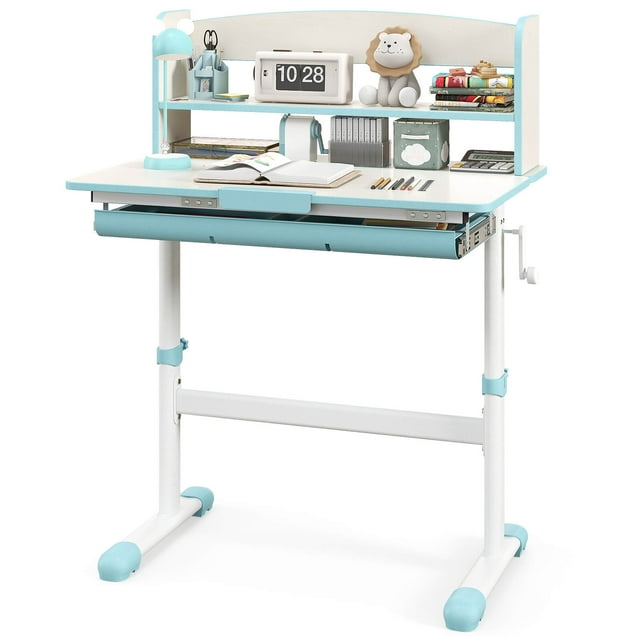 Costway Kids Study Desk with 7-Level Tiltable Desktop Adjustable Height Pull Out Drawer Blue