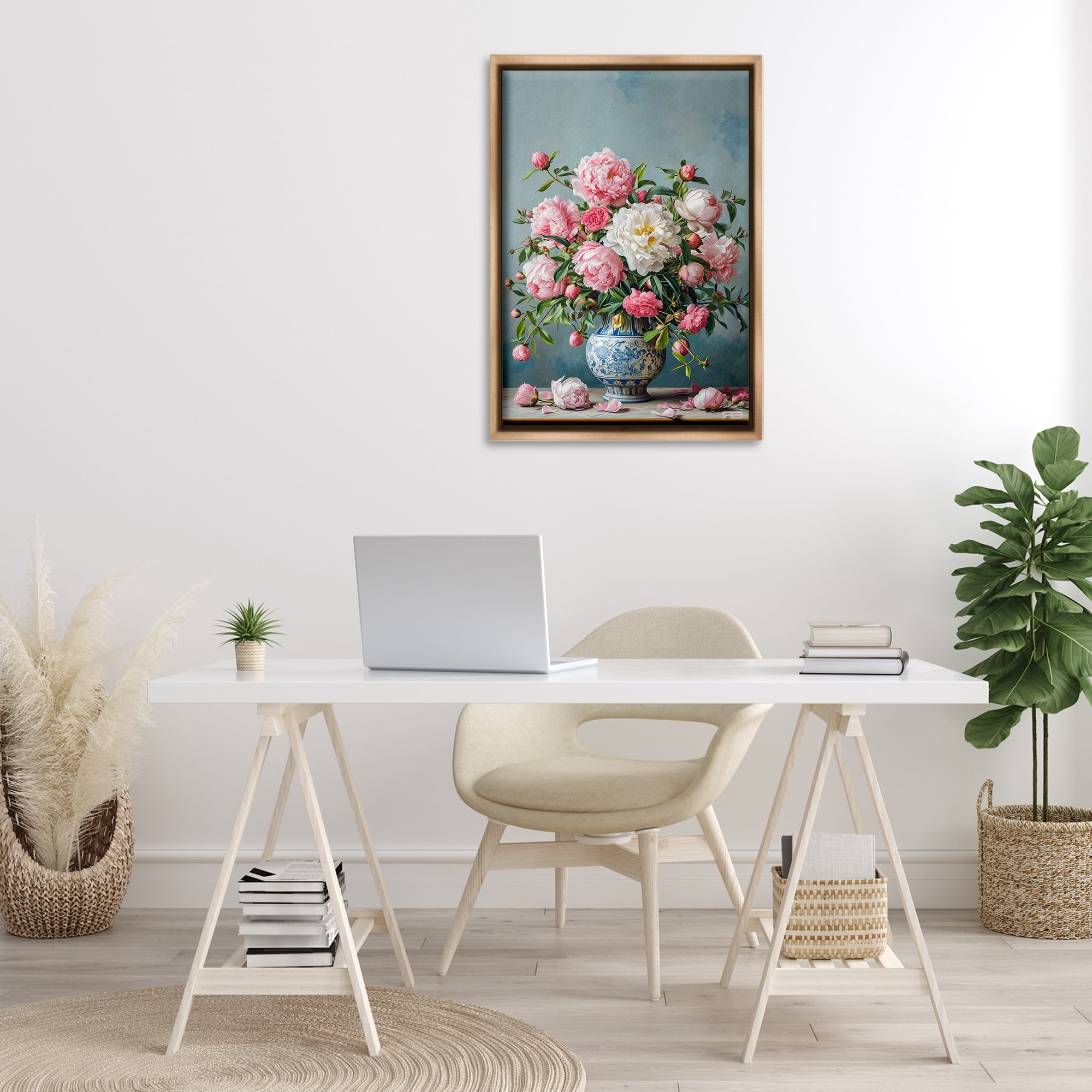 Stupell Industries Full Peonies Vase Botanical & Floral Painting Brown Floater Framed Art Print Wall Art, 21 x 31