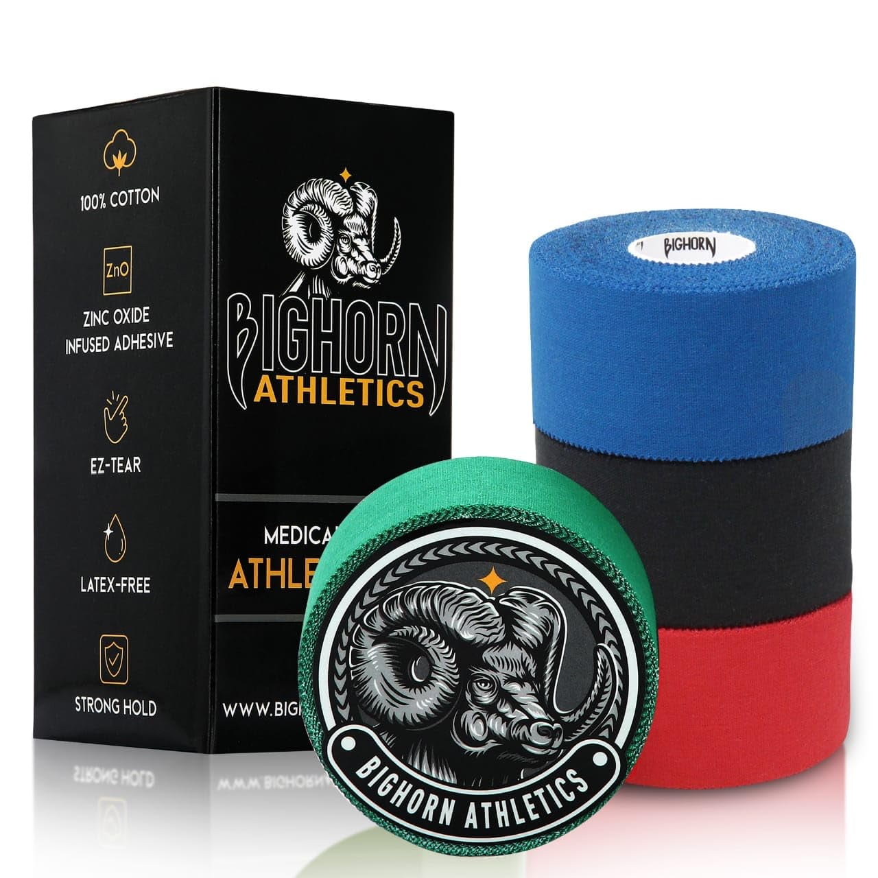 Bighorn Athletics Sports Tape & Medical Tape, Wrist Tape & Ankle Support Tape, EZ-Tear Zinc Oxide Infused Tape, First-Aid Tape, 1.5-Inch x 45-Feet, 4 Rolls (Black, Blue, Red, Green)