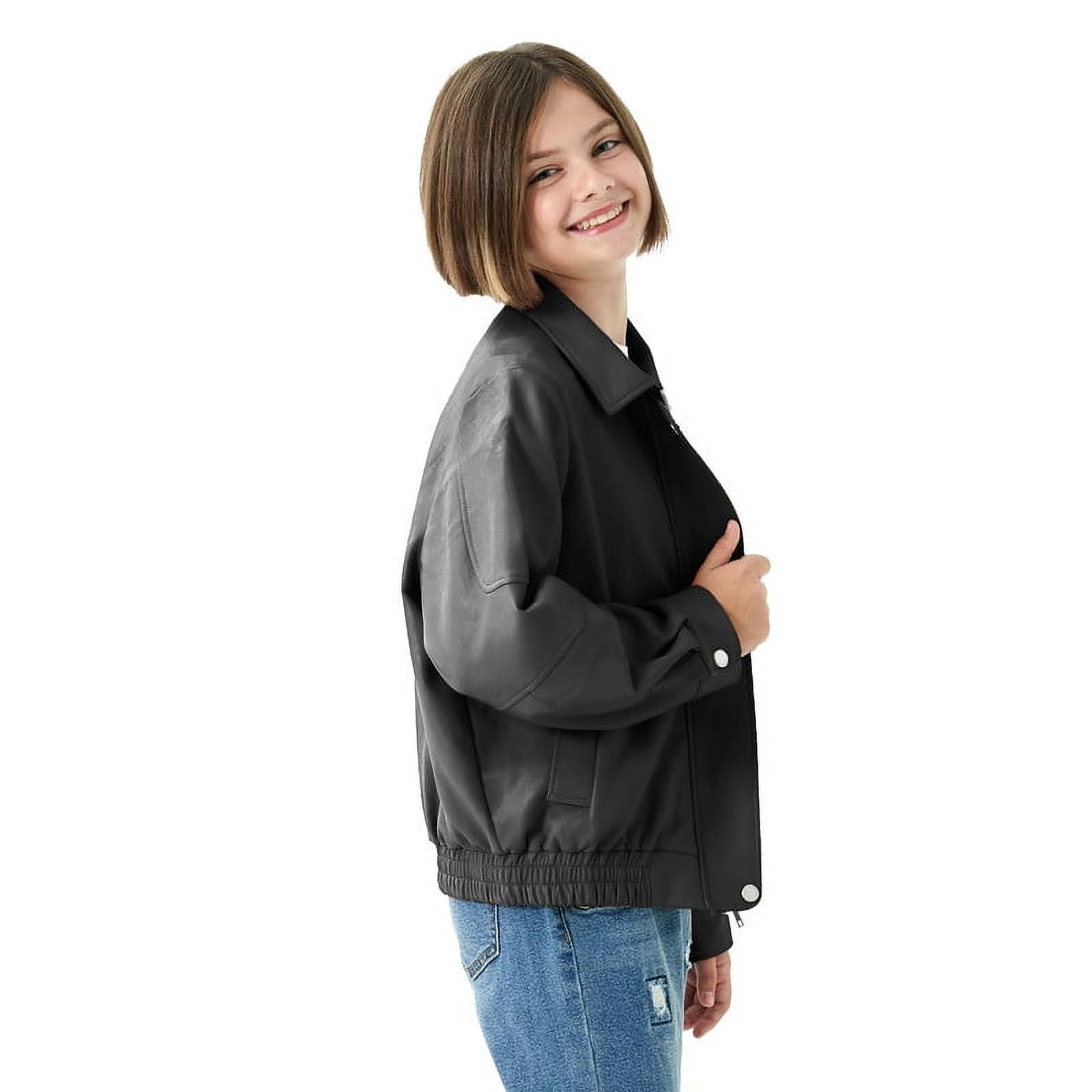 Rolanko Girls Faux Leather Jacket Kids Zip Up Motorcycle Biker Outerwear Coat Pleather Bomber Jacket with Pockets 5-15 Years